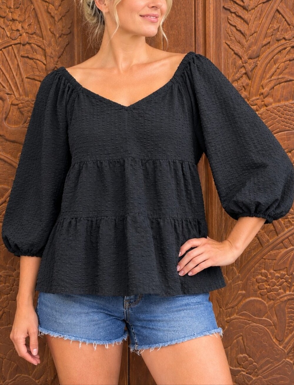 Black Babydoll Tiered Textured Peasant Blouse - Ruffle Ballon Sleeve Petite Med.